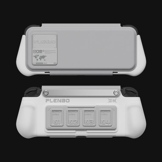 Plenbo G-case GripShield 1 grip case with soft grey TPU leather flip cover and game card case -front and back view