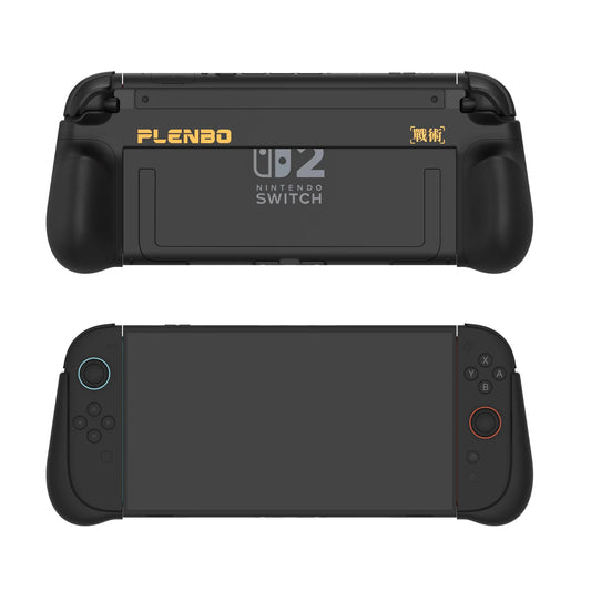 Black grip case for Nintendo Switch 2 with 'PLENBO' branding in front and back view on a white background