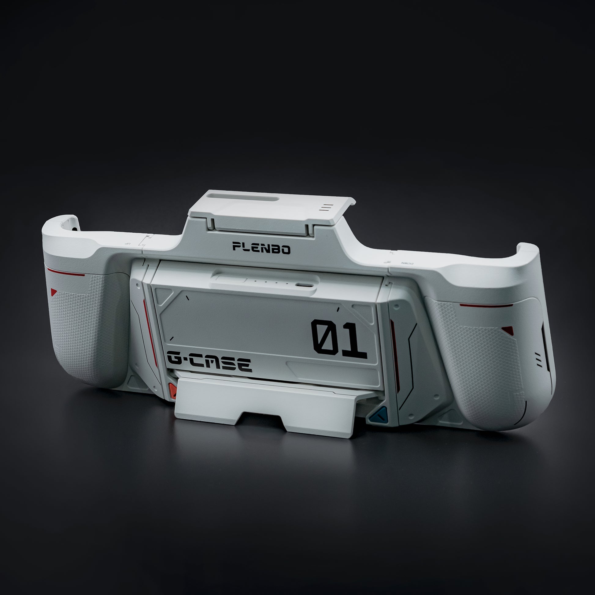 A white G-case in handheld mode with a Gundam-like shape