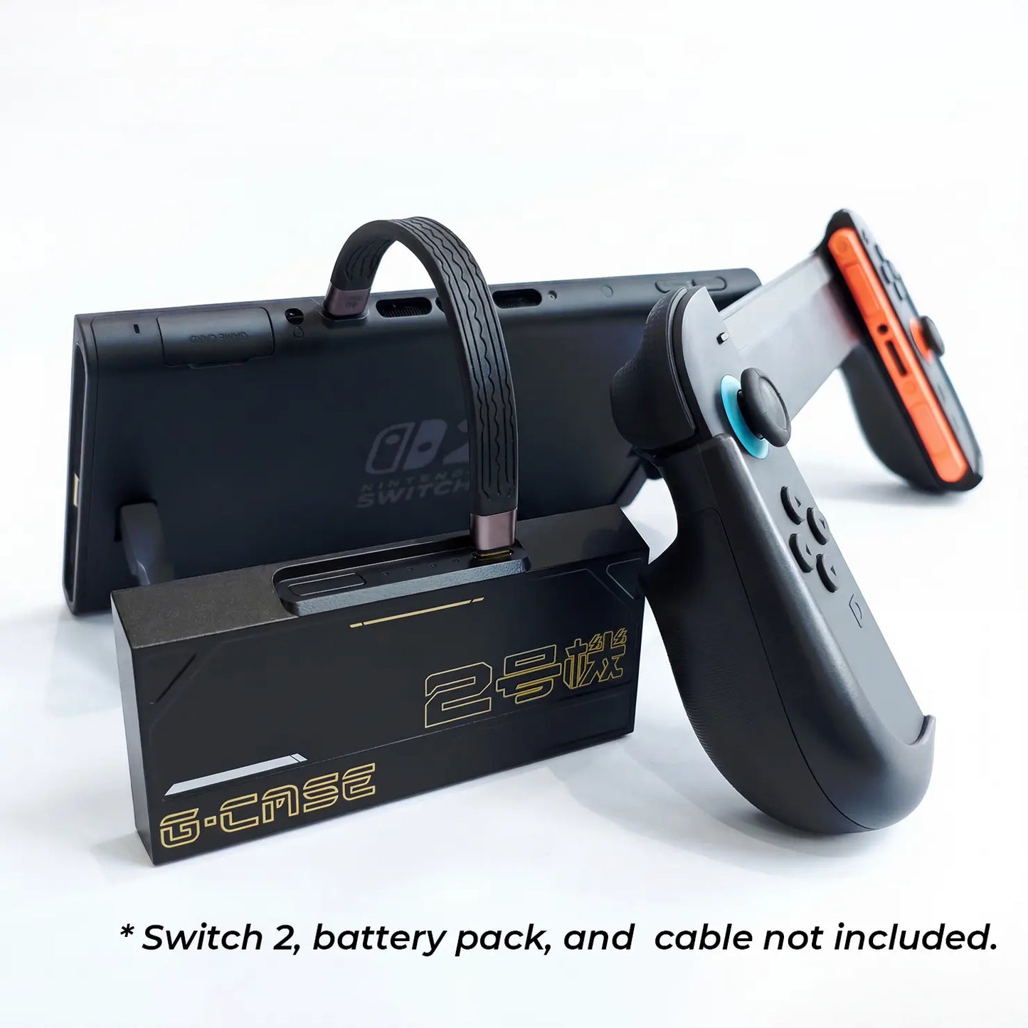 foldex grip case with Joy-con controllers inserted and switch 2 in tabletop mode with a gcase battery pack