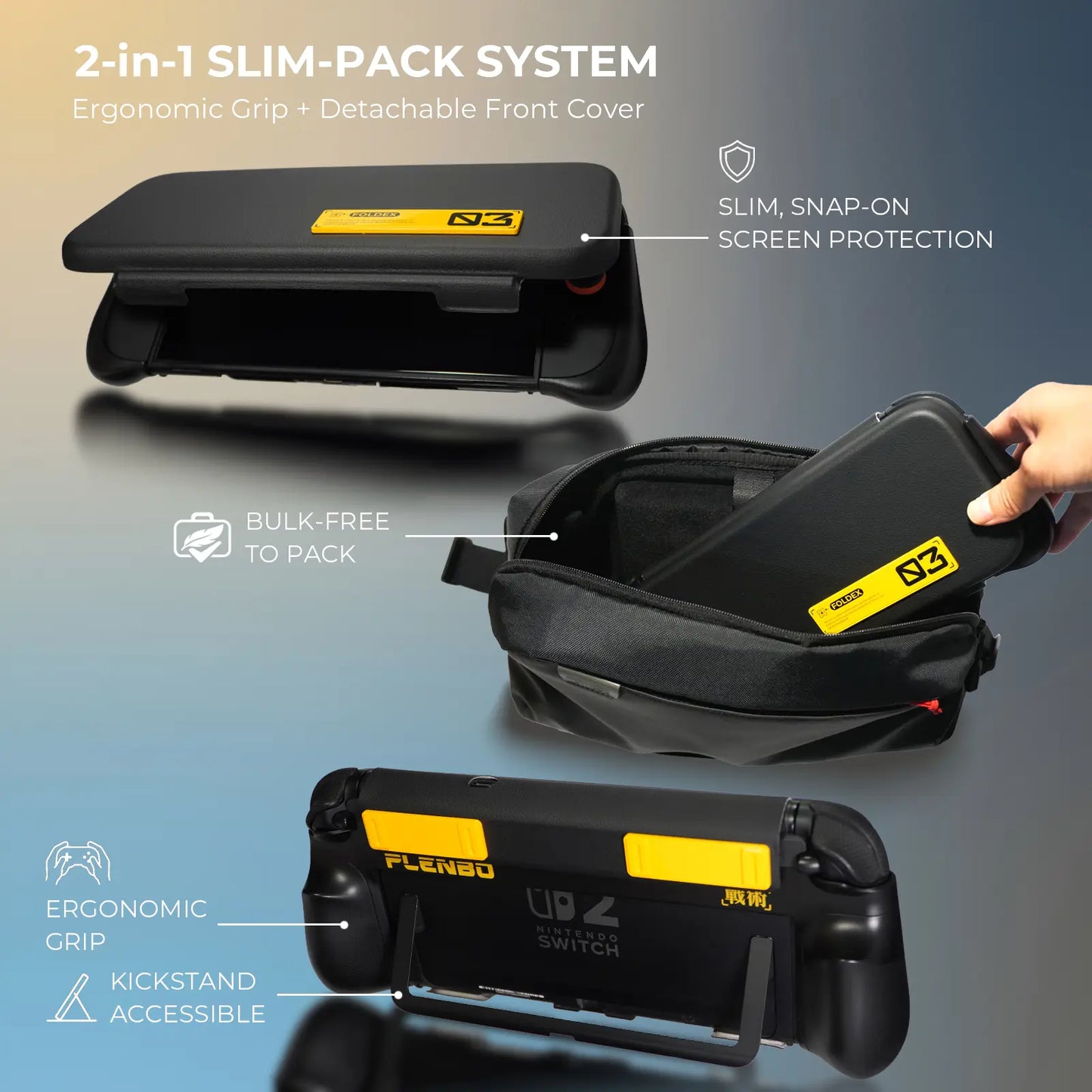 PLENBO 2-in-1 SLIM-PACK SYSTEM with ergonomic grip and detachable front cover on a gradient background.