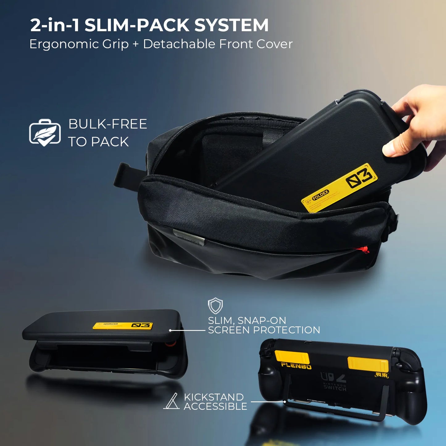 PLENBO 2-in-1 SLIM-PACK SYSTEM with ergonomic grip and detachable front cover on a gradient background.