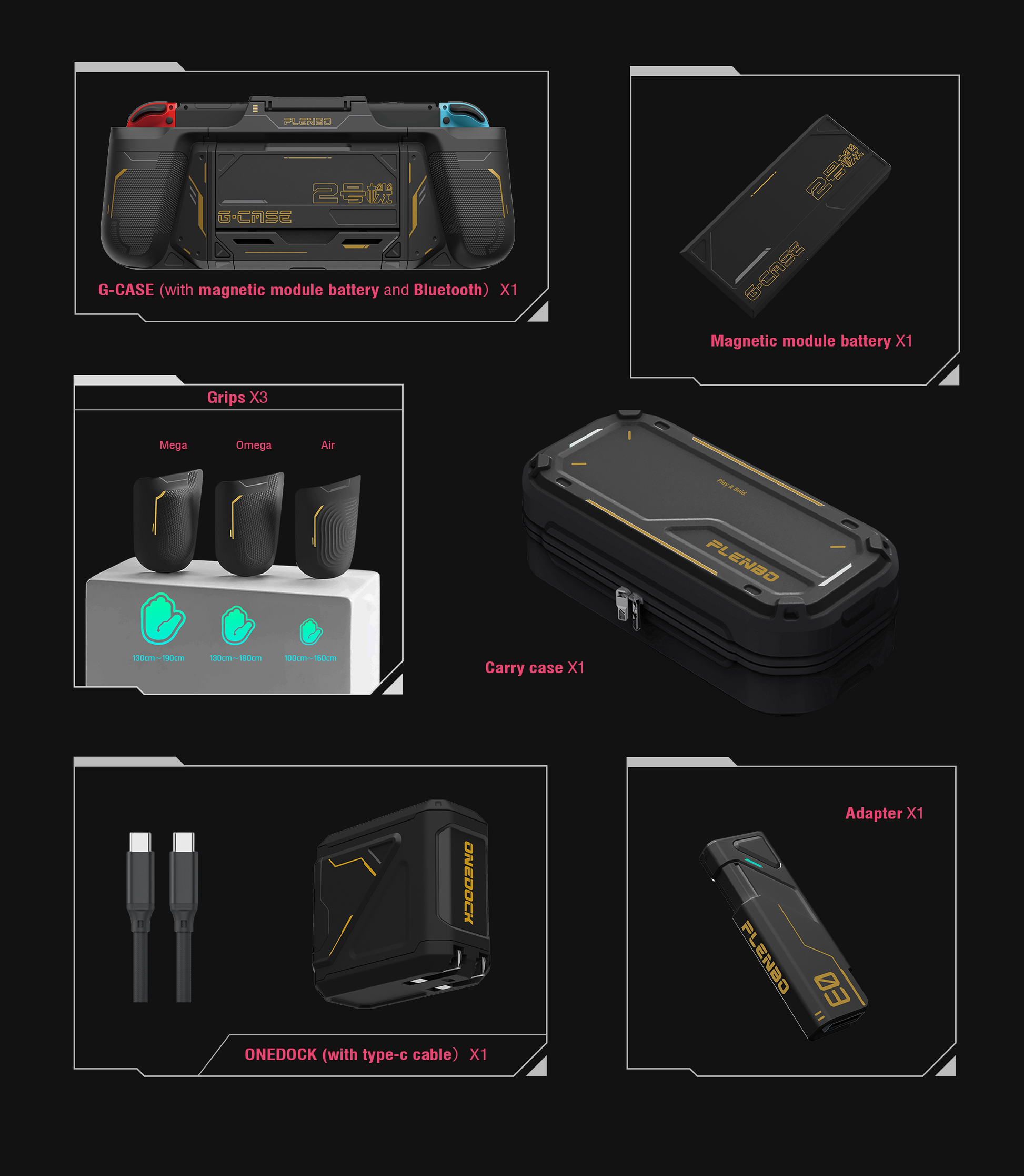 All accessories contained in the black family pack for Nintendo Switch regular model