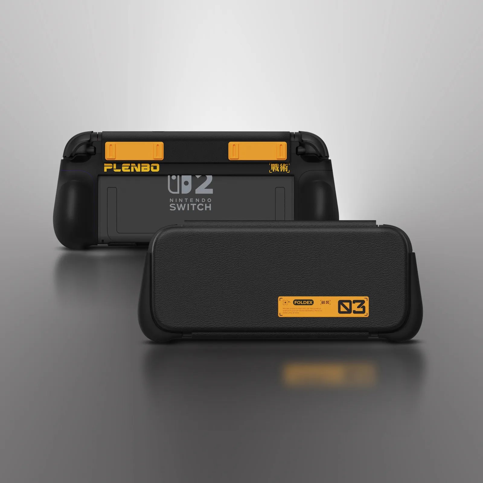 switch 2 flip case's back and front view with yellow decorations on a gray background