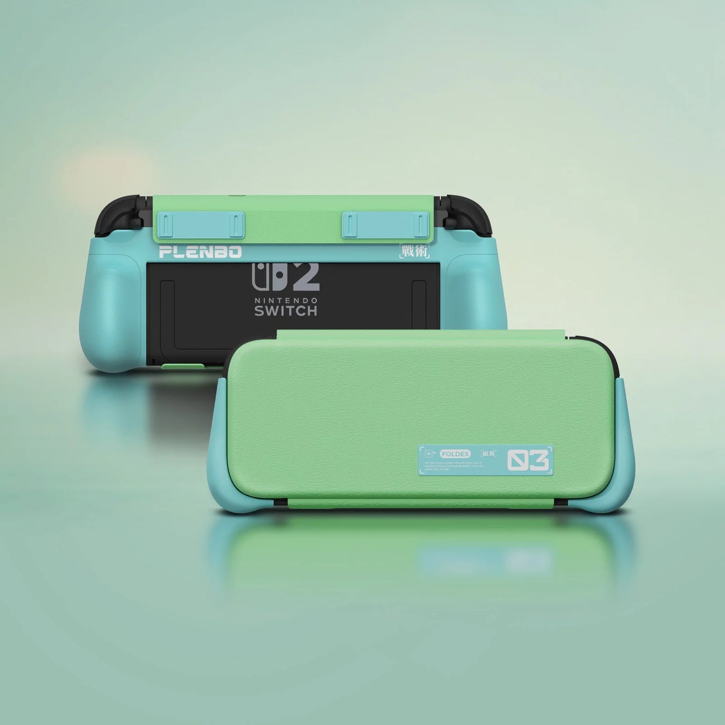 turquoise switch 2 grip case with mint green flip front cover in front and back views