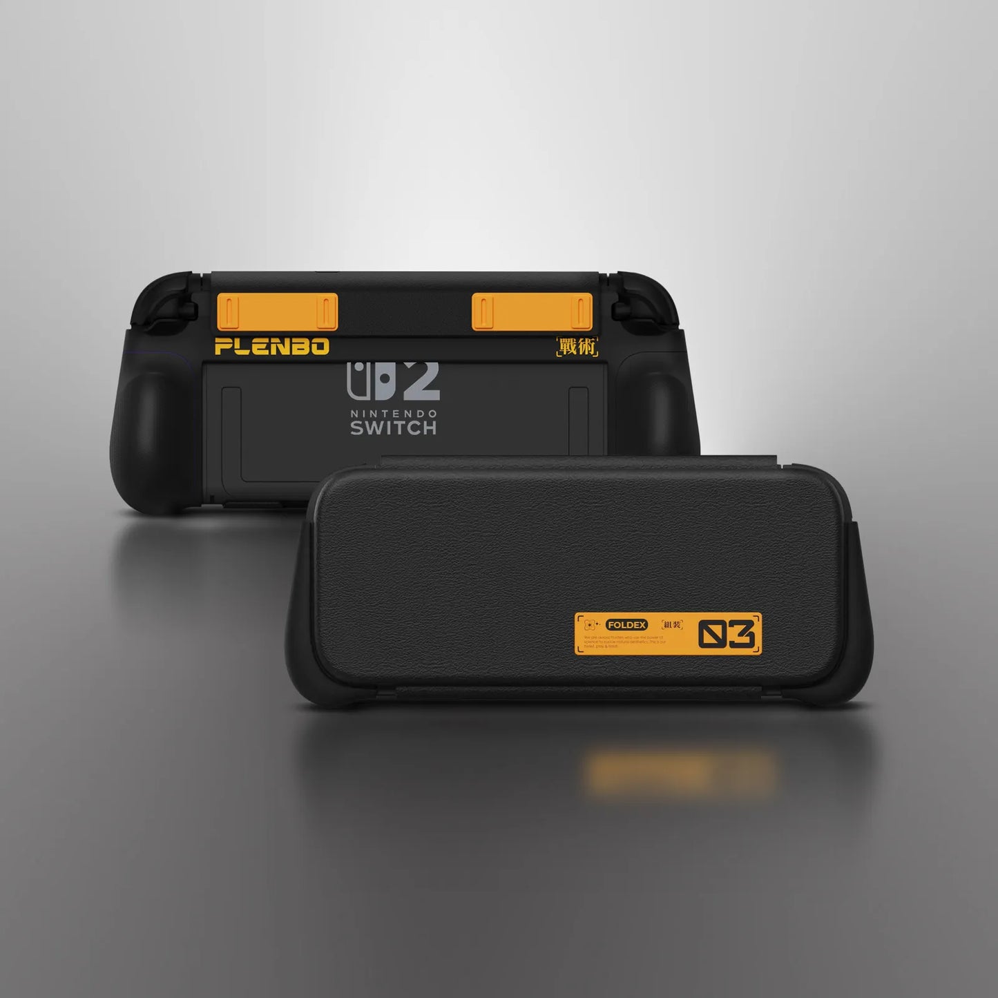 switch 2 flip case's back and front view with yellow decorations on a gray background