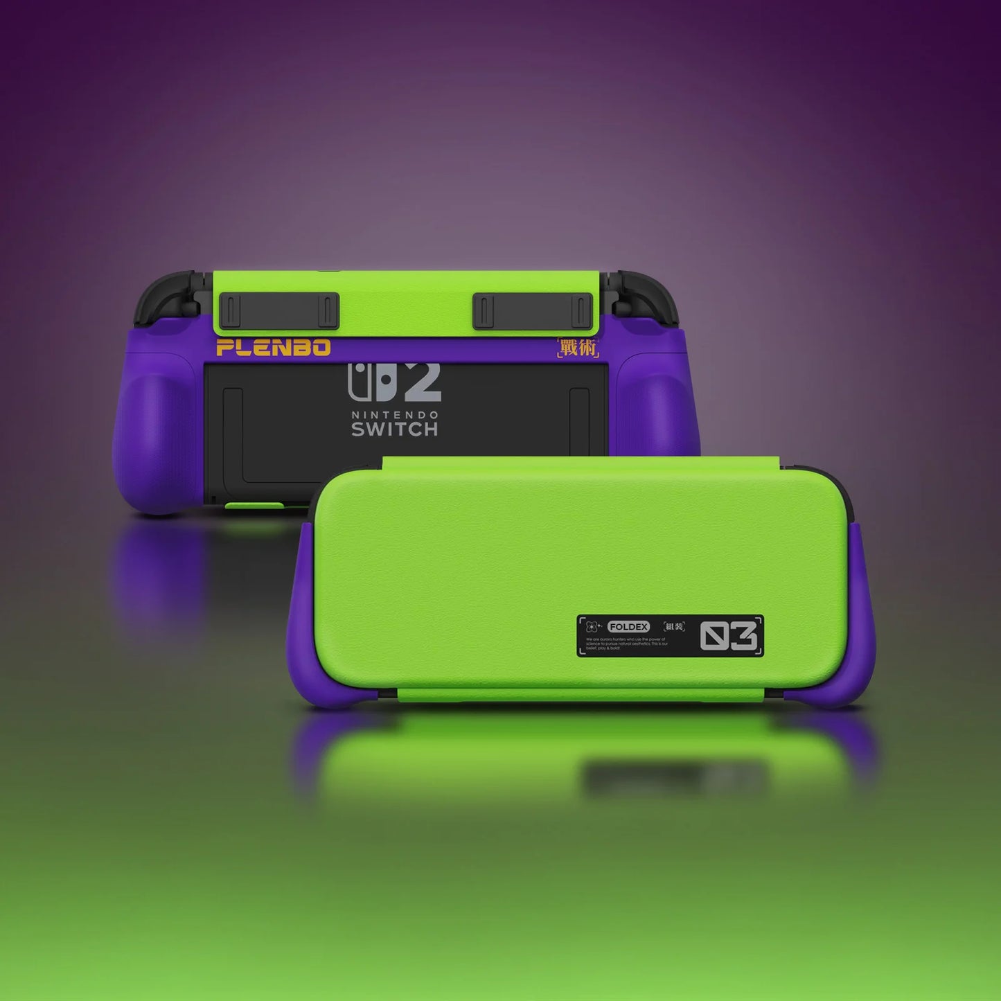 purple switch 2 grip case with green flip cover in front and back view