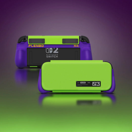 purple switch 2 grip case with green flip cover in front and back view