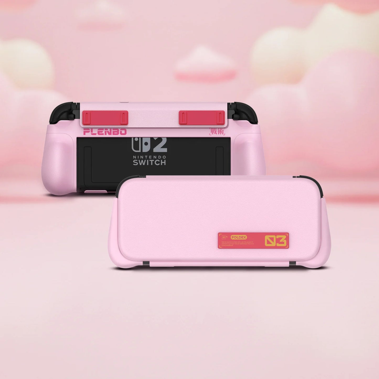 Pink switch 2 grip case with pastel pink front cover in front and back views on a soft pink background