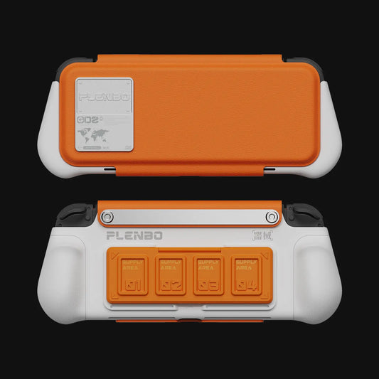Plenbo G-case GripShield 1 grip case with mecha orange TPU leather flip cover and orange game card case -front and back view