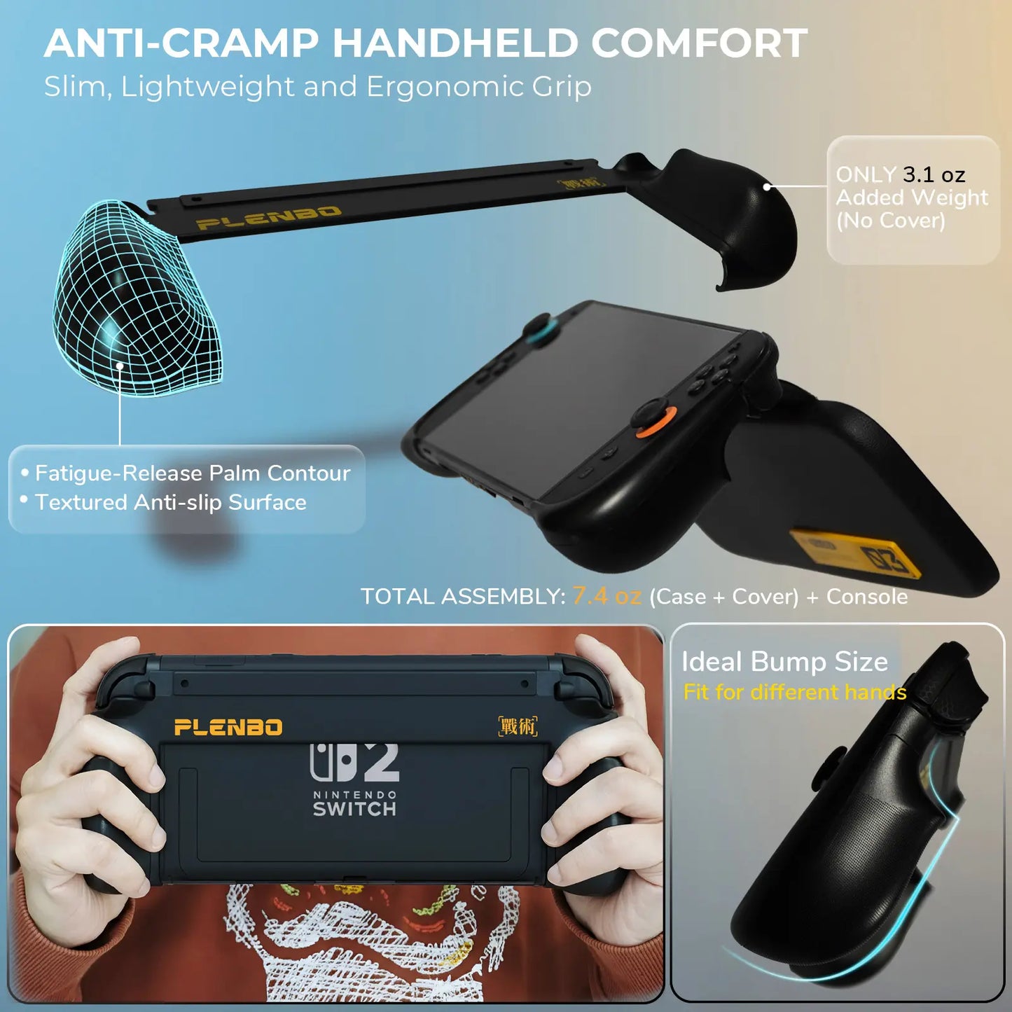 Plenbo gaming console case with ergonomic grip features on a gradient background