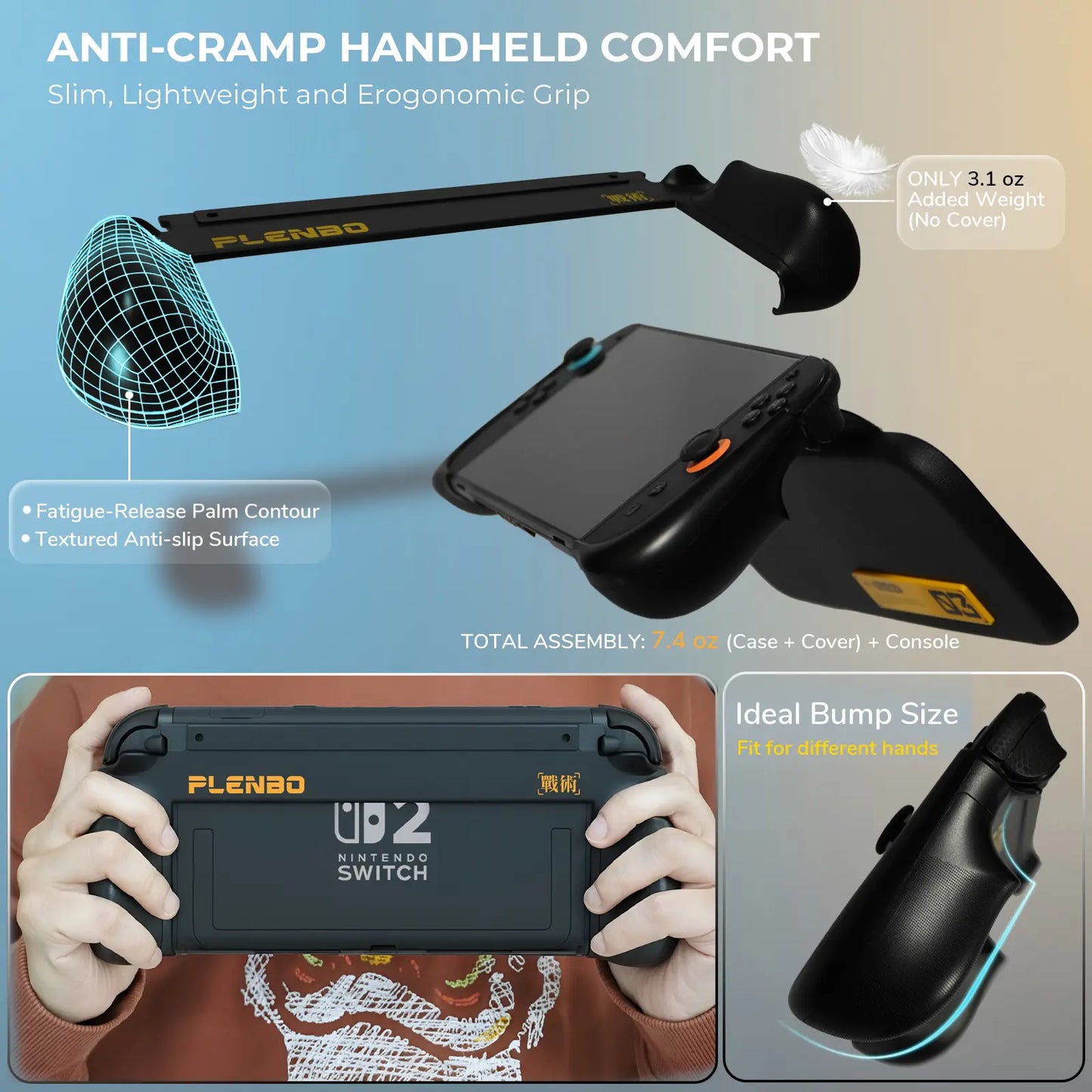 Plenbo gaming console case with ergonomic grip features on a gradient background