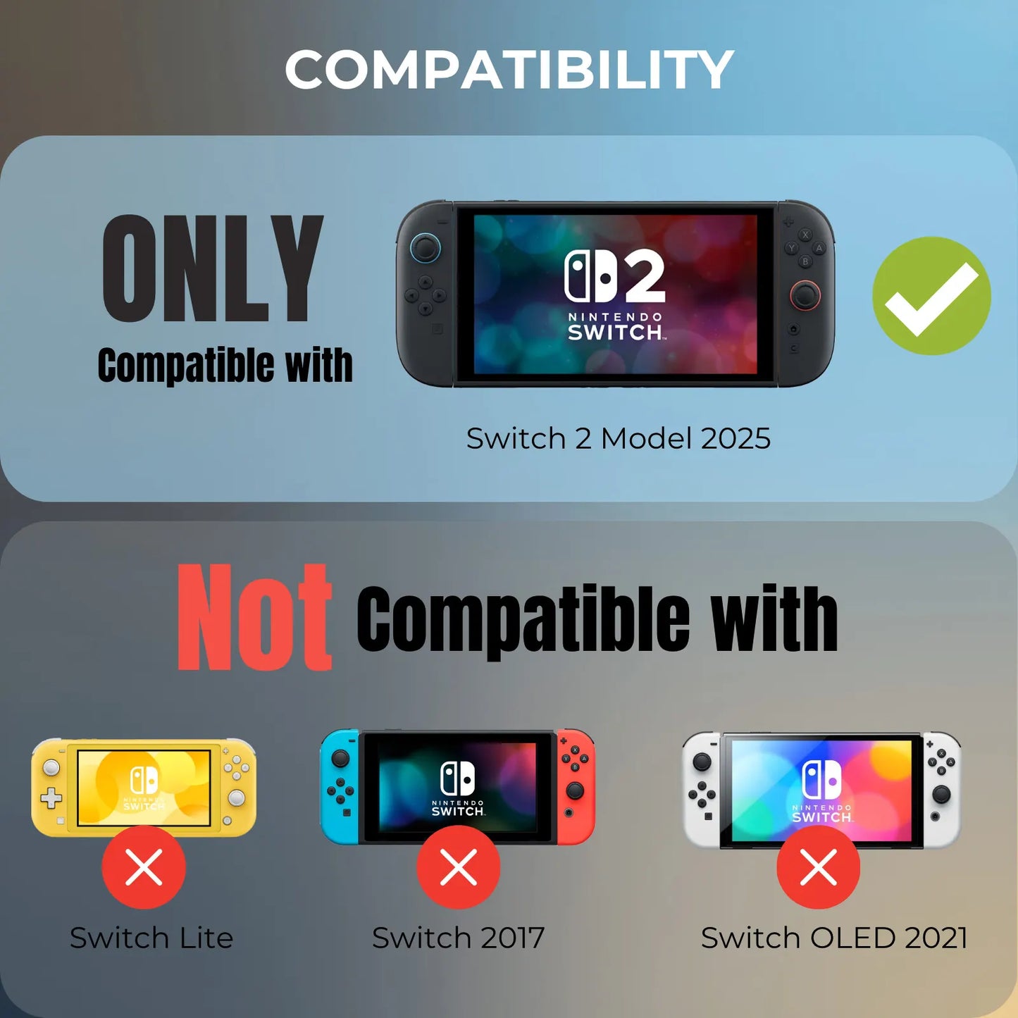Compatibility chart for Nintendo Switch models on a blue and gray gradient background