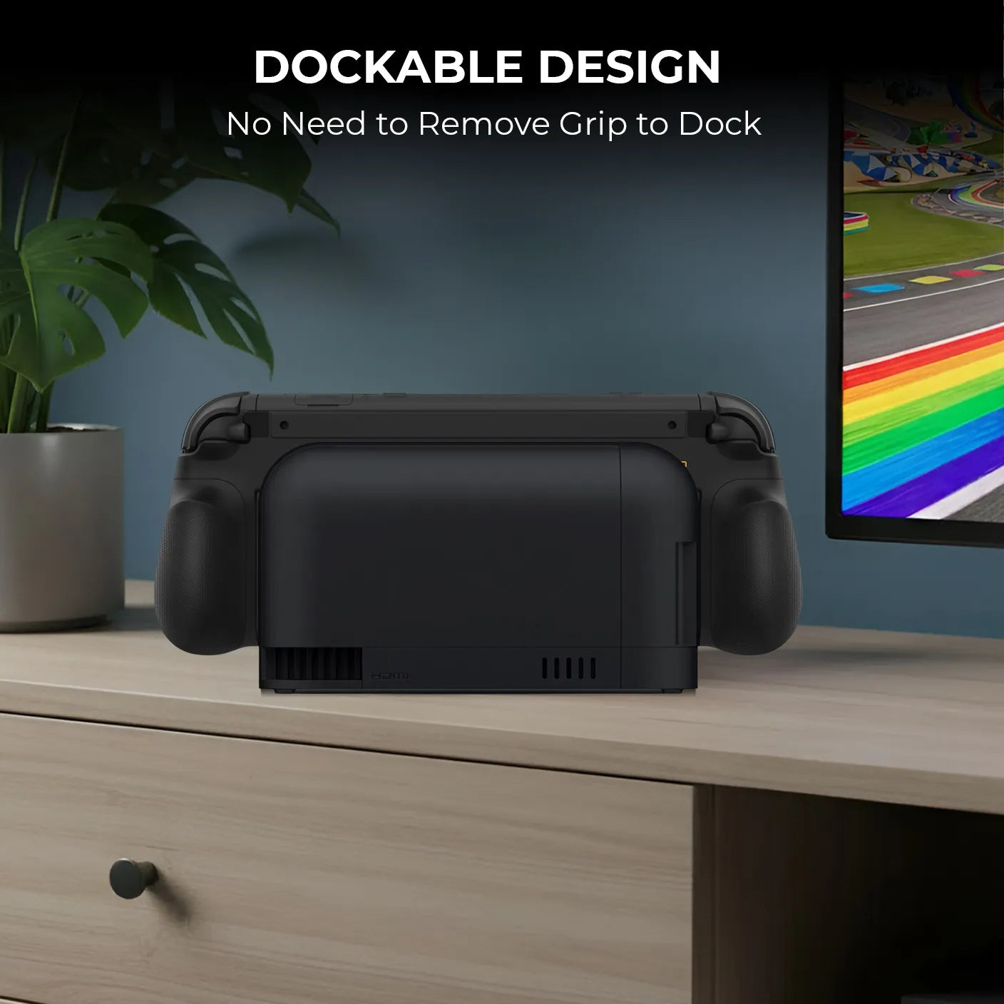 switch 2 console with black foldex case put into official dock