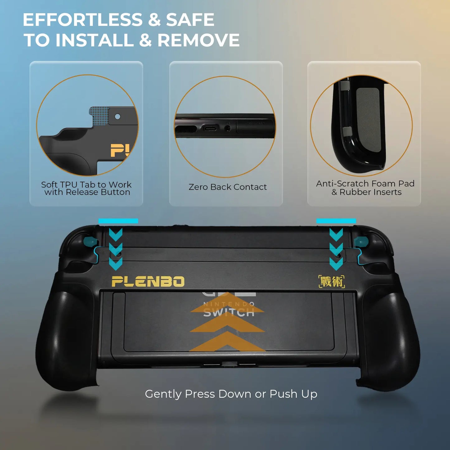 Plenbo gaming controller grip with installation features on a gradient background