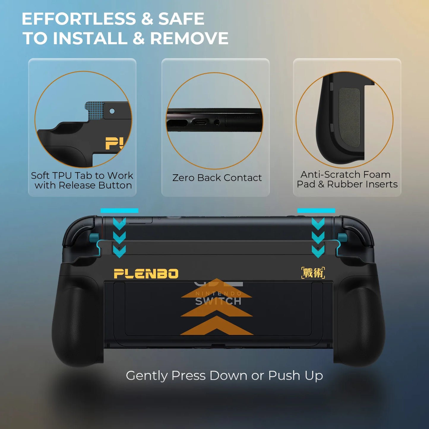 Plenbo gaming controller grip with installation features on a gradient background
