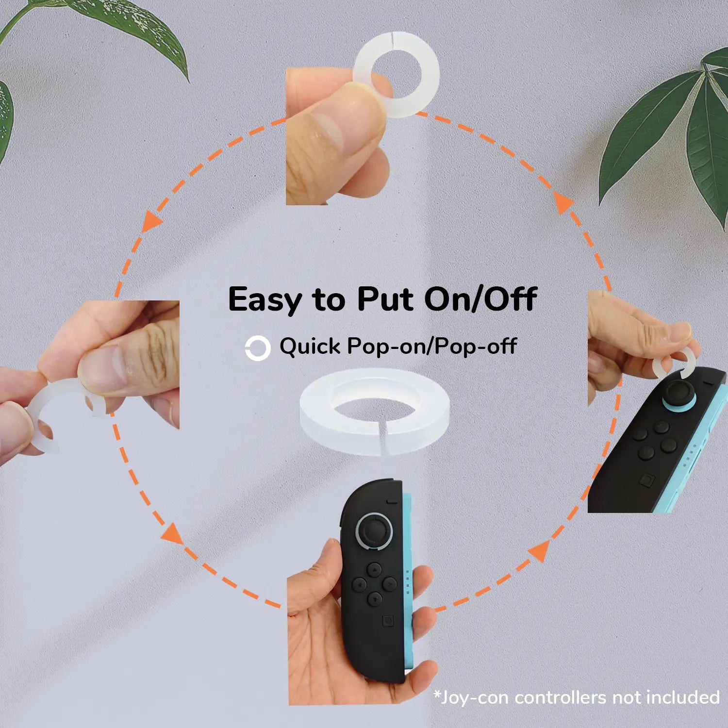 Hands demonstrating a quick pop-on/pop-off feature with a white ring on a gray background.