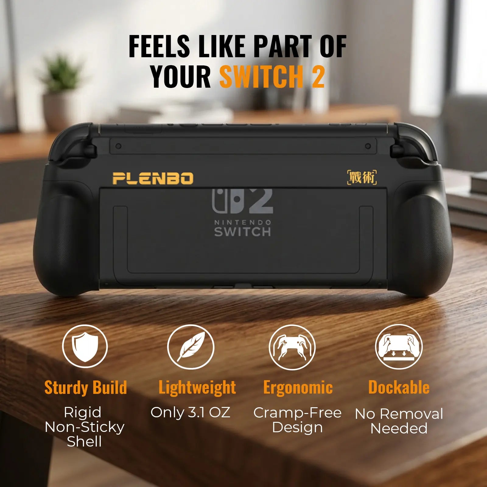 Black PLENBO Nintendo Switch 2 dockable grip shown from the back on a wooden table, with promotional text above and feature icons below.