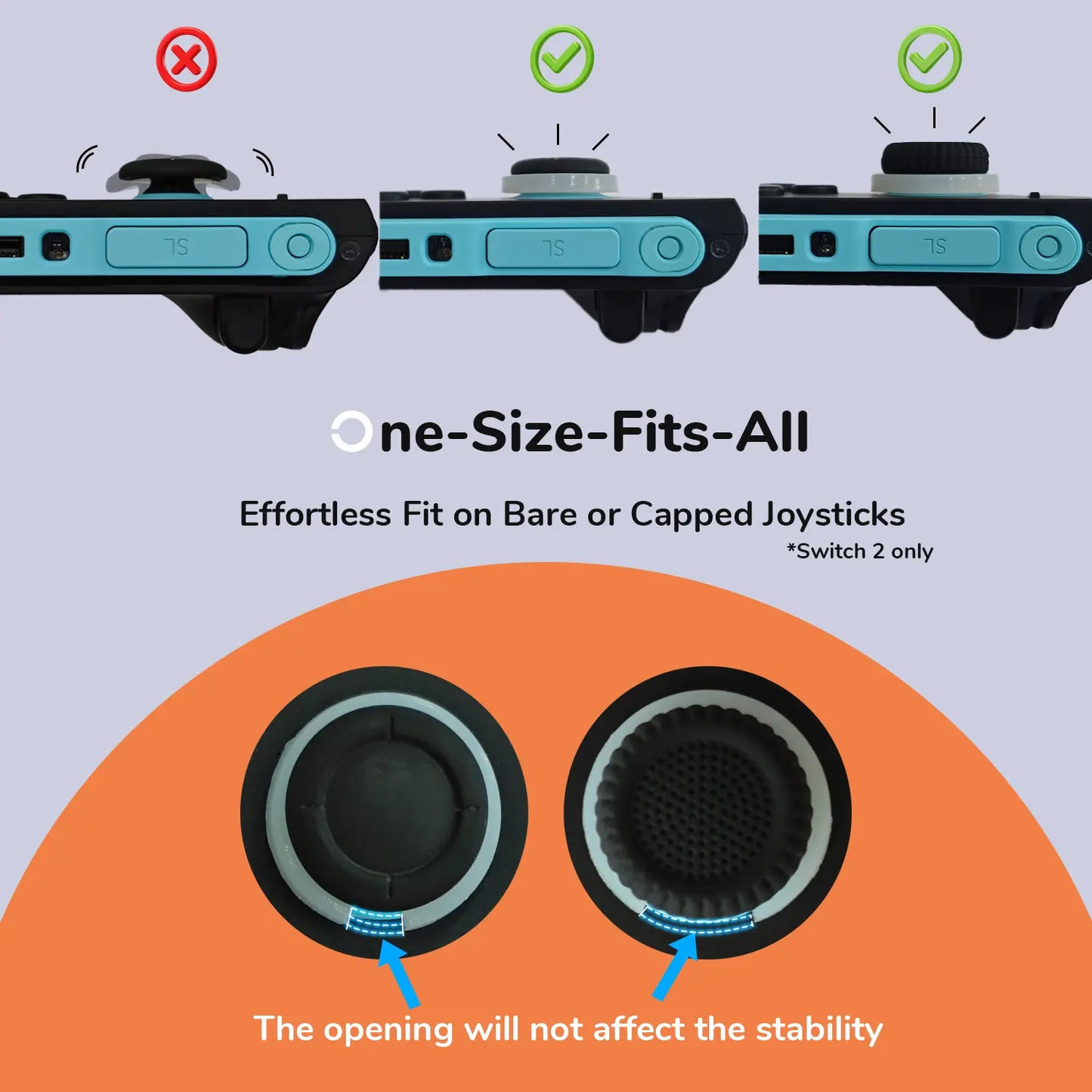 Switch 2 joystick fixers with text explaining 'One-Size-Fits-All' fit on bare or capped joysticks.