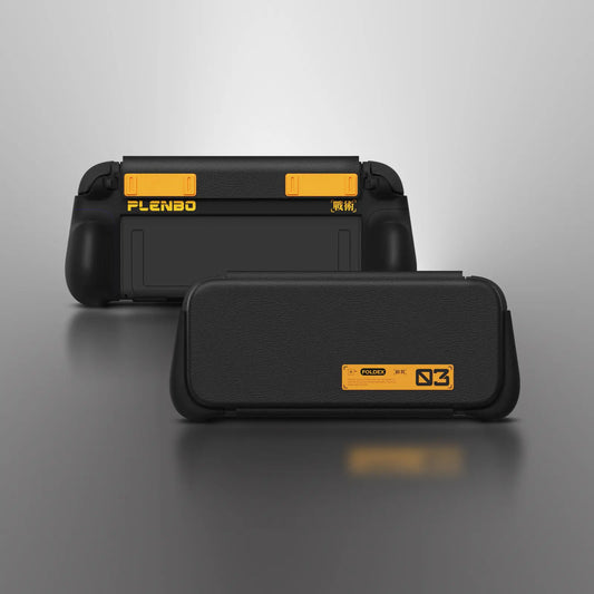black cases front and back view with yellow labels on a gray background