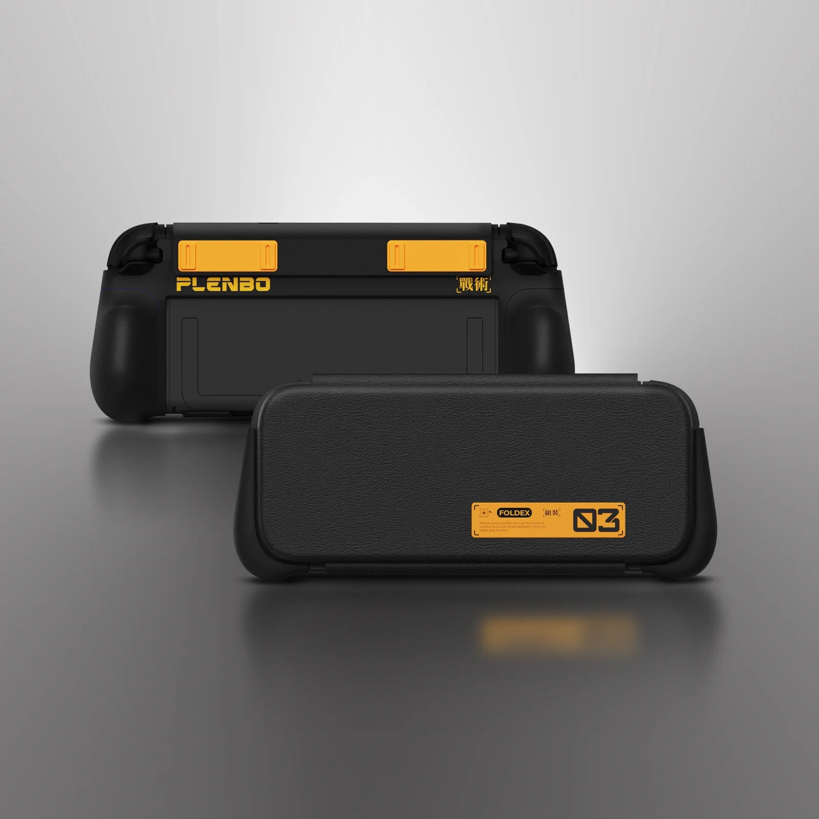 Two black flip cases with yellow decorations on a gray background