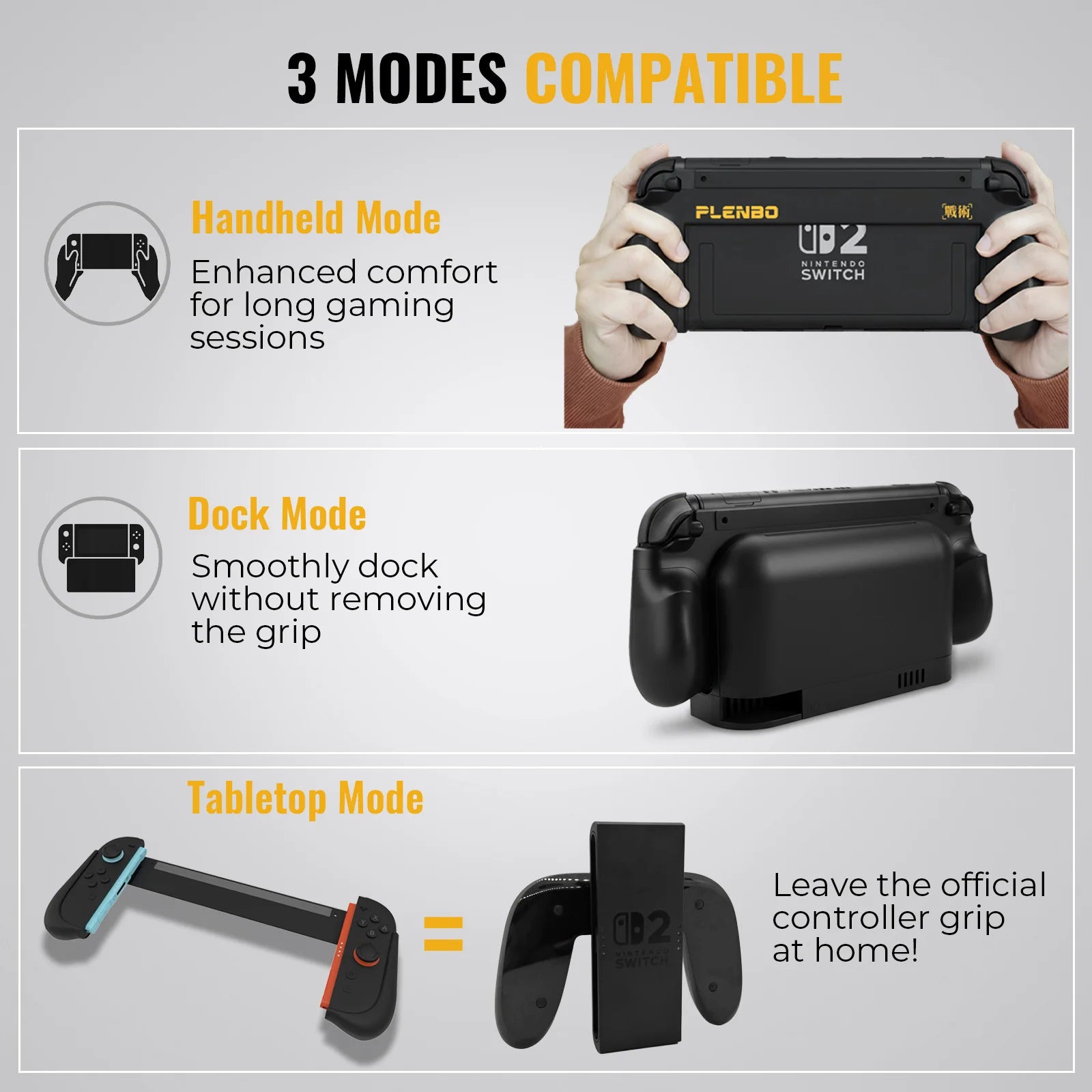 An infographic showing three compatible modes for a PLENBO Nintendo Switch Joy-Con grip accessory: Handheld Mode, Dock Mode, and Tabletop Mode, with text descriptions and small product photos on a light gray background.