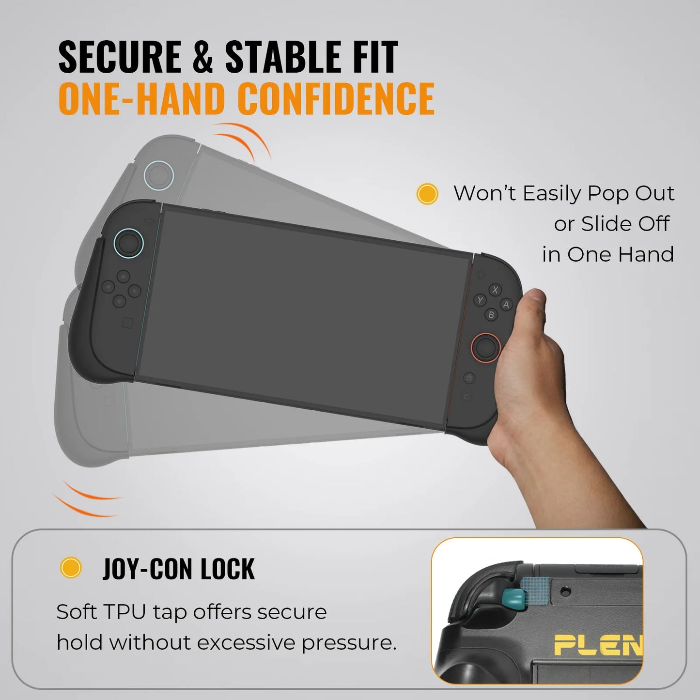 showing a hand is holding the switch 2 grip with the console installed inside, shaking without popping out or sliding off