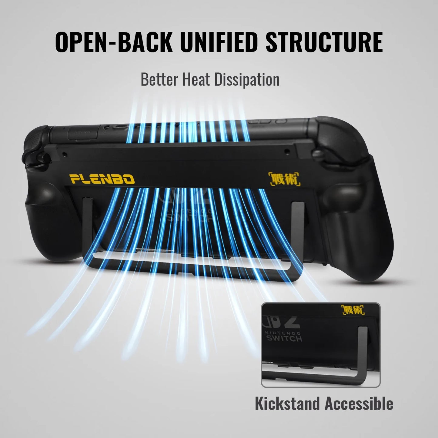 Gaming controller with heat dissipation and kickstand accessible features and PLENBO branding on a gray background.