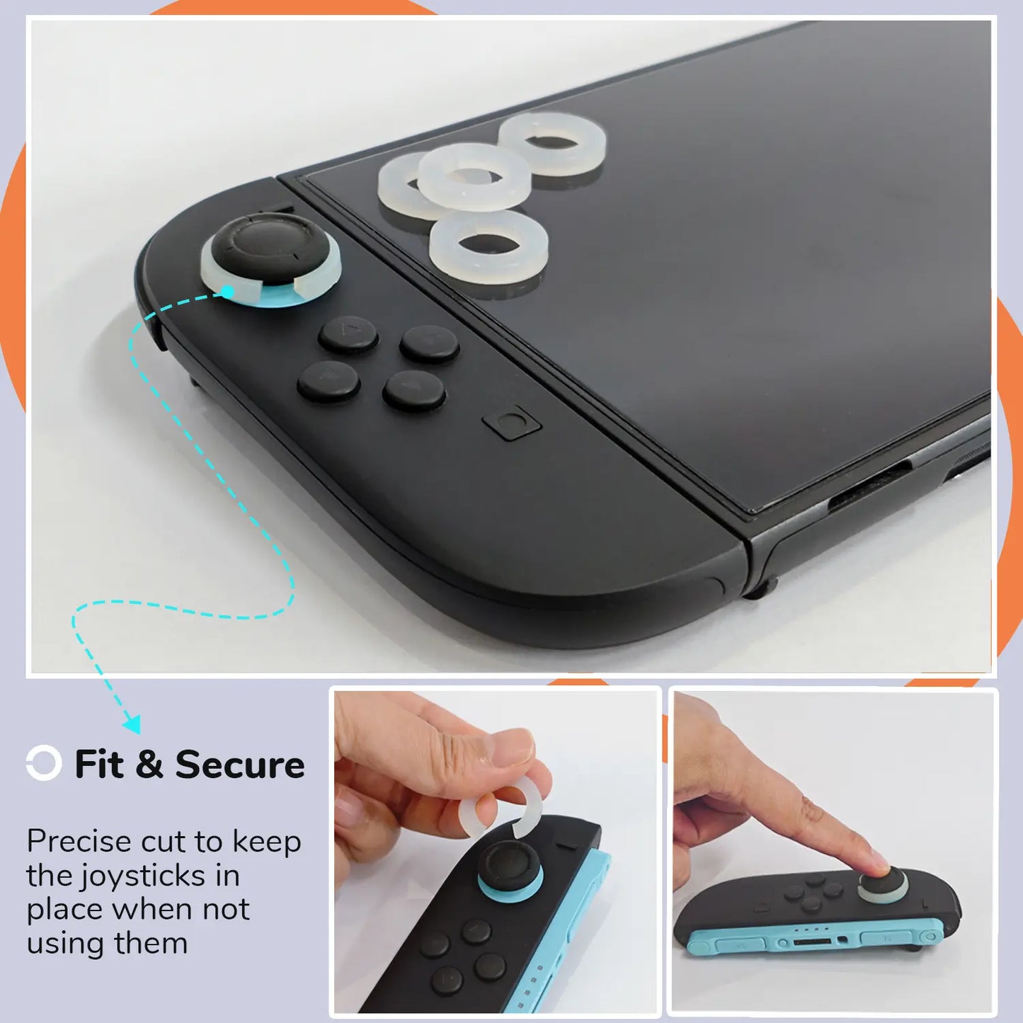 Switch 2 console putting on the desk with joystick stabilizers attached and instructions on fit and security.