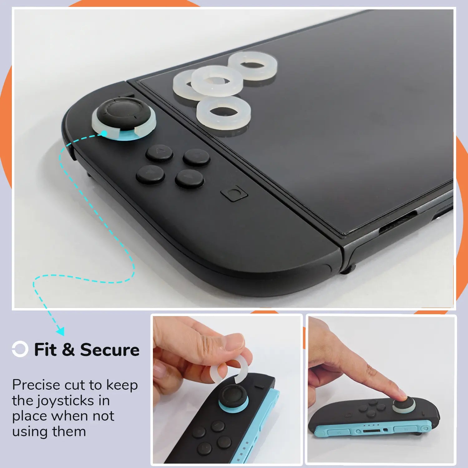 Switch 2 console putting on the desk with joystick stabilizers attached and instructions on fit and security.