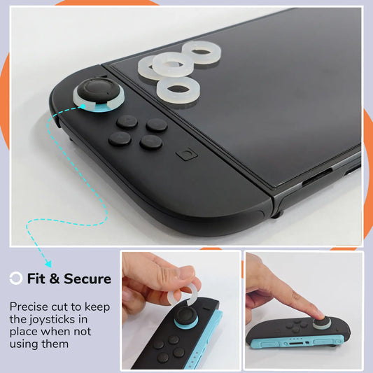 Switch 2 console putting on the desk with joystick stabilizers attached and instructions on fit and security.