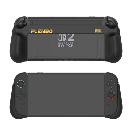 Black grip case for Nintendo Switch 2  with 'PLENBO' branding in front and back view on a white background