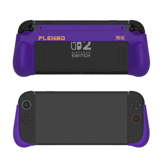 EVA Purple switch 2 grip case with  console inside displaying in front and back view on a white background