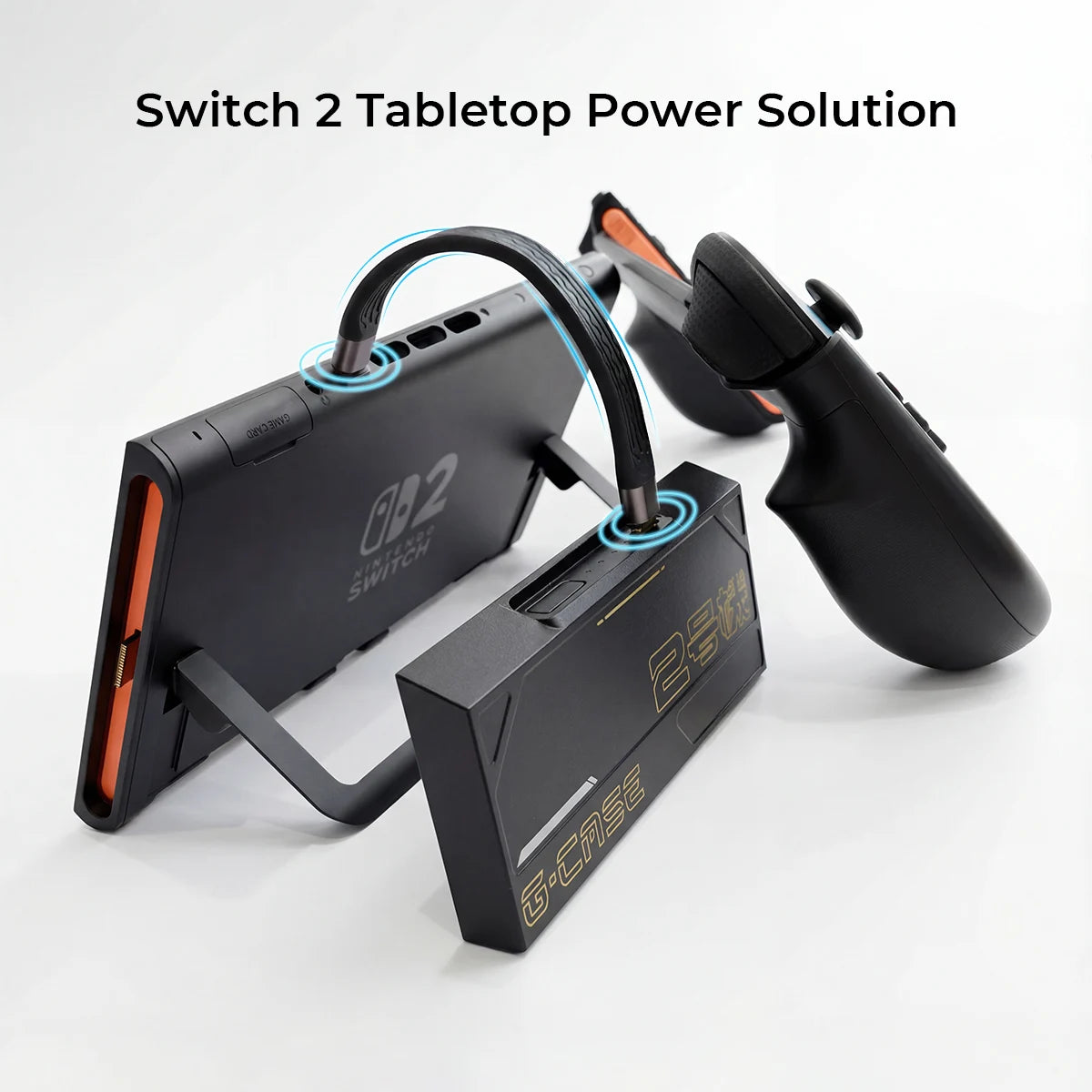 Nintendo Switch 2 Tabletop Power Solution showing a short FPC USB-C cable connecting a G-case battery pack to the console with a Foldex grip controller