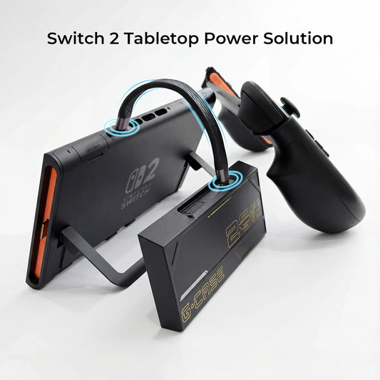 Nintendo Switch 2 Tabletop Power Solution showing a short FPC USB-C cable connecting a G-case battery pack to the console with a Foldex grip controller
