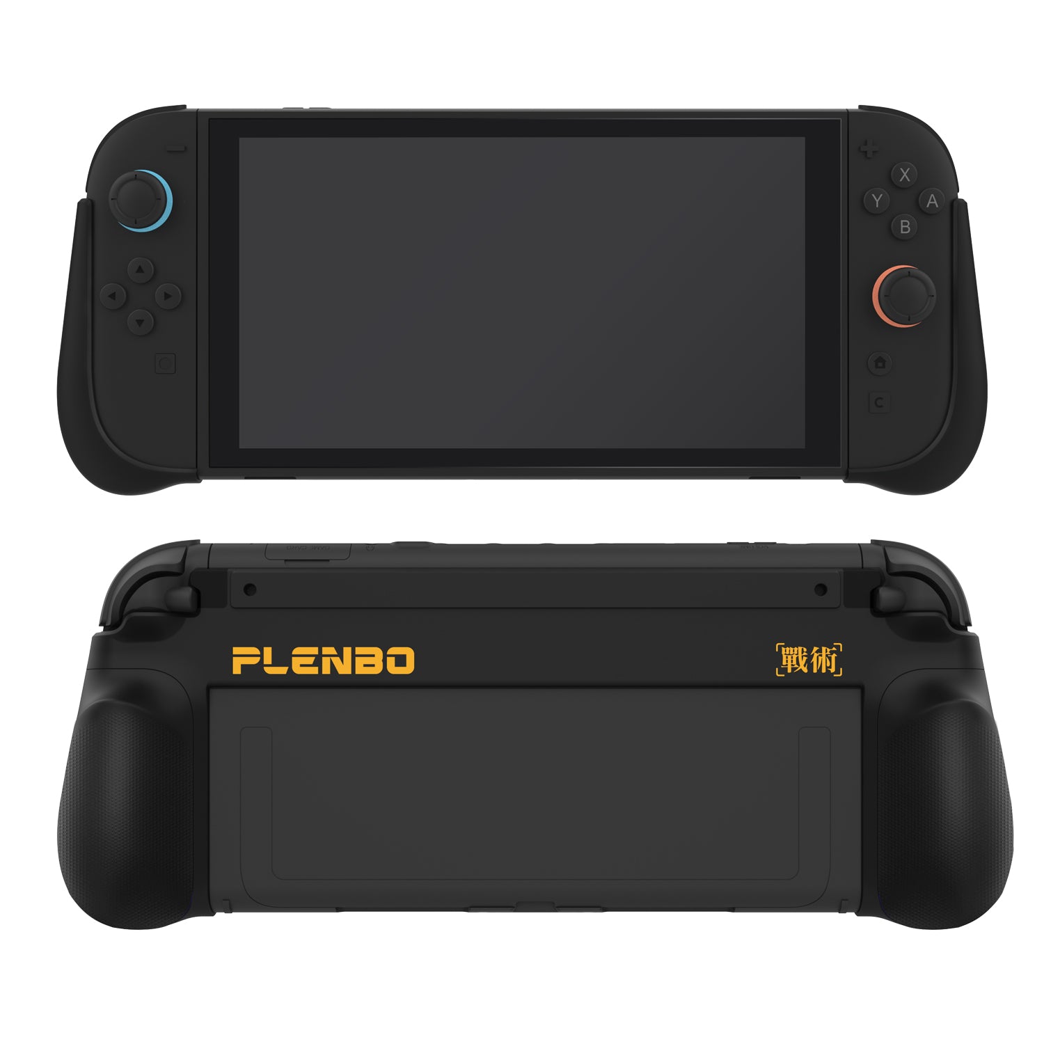 Switch 2 gaming console in Plenbo black grip case with front and back views