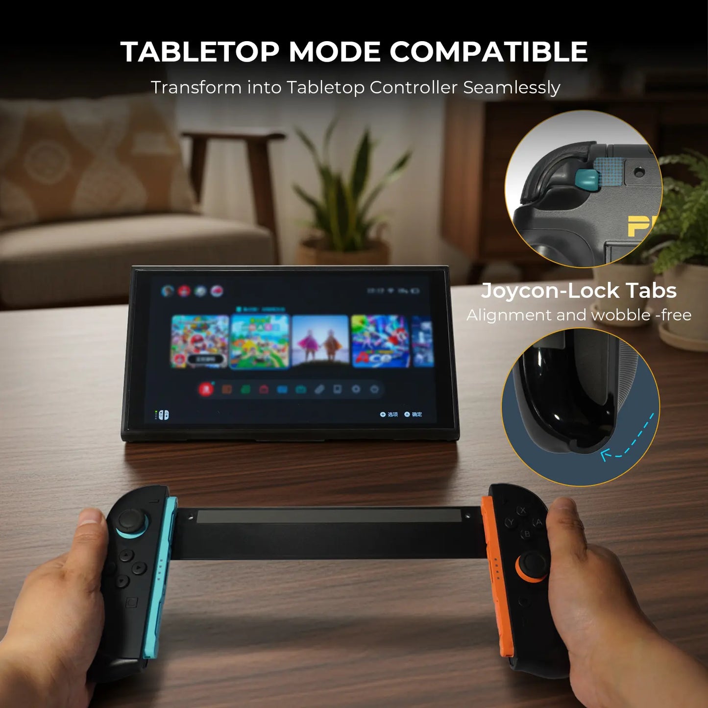 Tabletop gaming controller setup with tablet on a table, showing Joycon-Lock Tabs feature.
