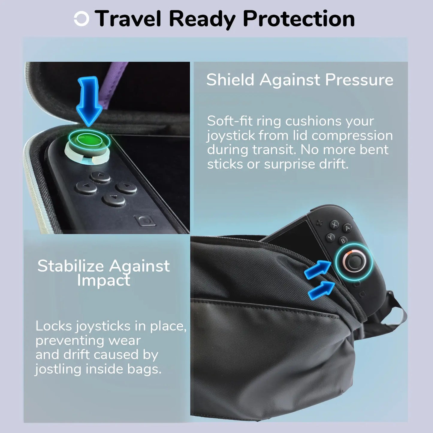 Product packaging with joystick and cushioning system for travel protection.